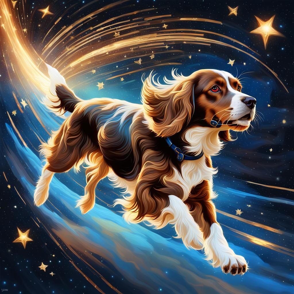 Supersonic Spaniel in Vibrant, Dreamlike Space Fantasy