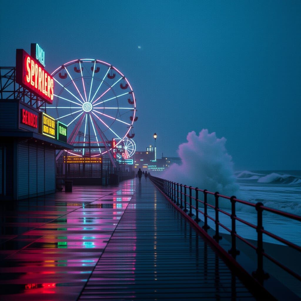 Cyberpunk Boardwalk Scene at Summer Night