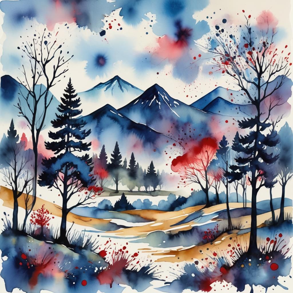 Ink Splatter Watercolour Landscape with Mountains and Trees