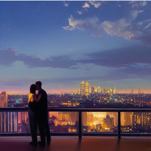 Romantic Couple Overlooking Cityscape as Oil Painting