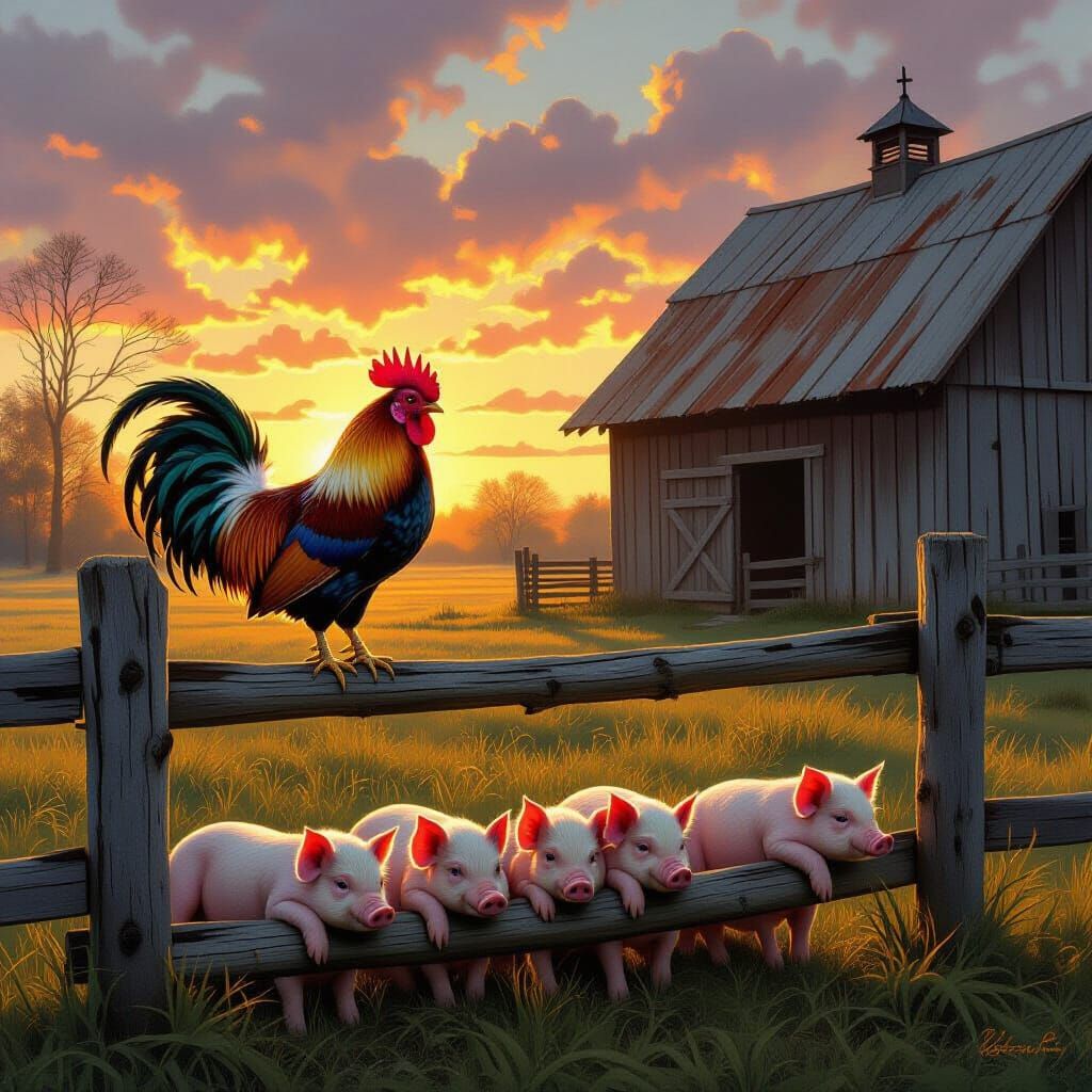 Regal Rooster at Sunrise Over Rustic Barn