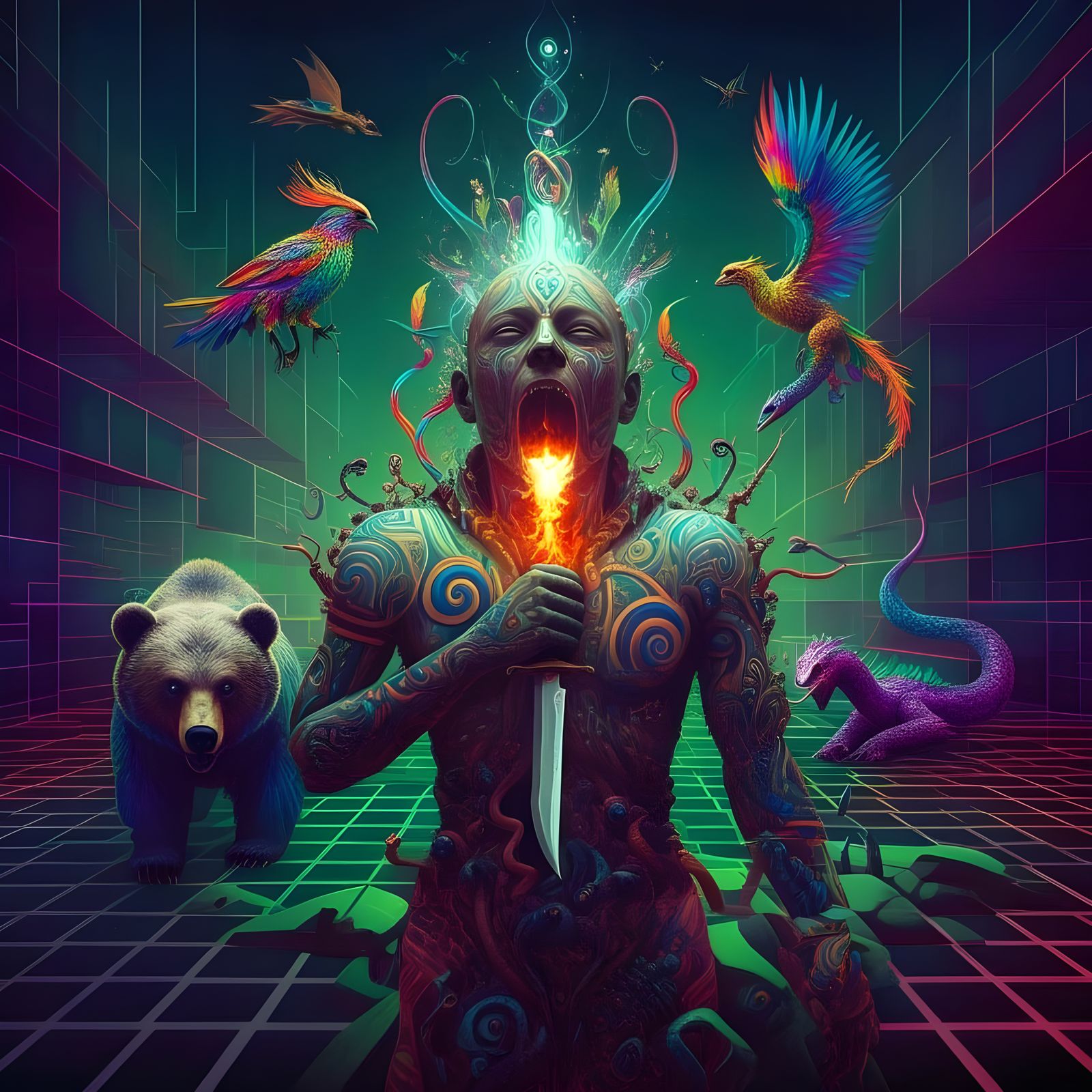 Neon Shaman in Psychedelic Futuristic Environment