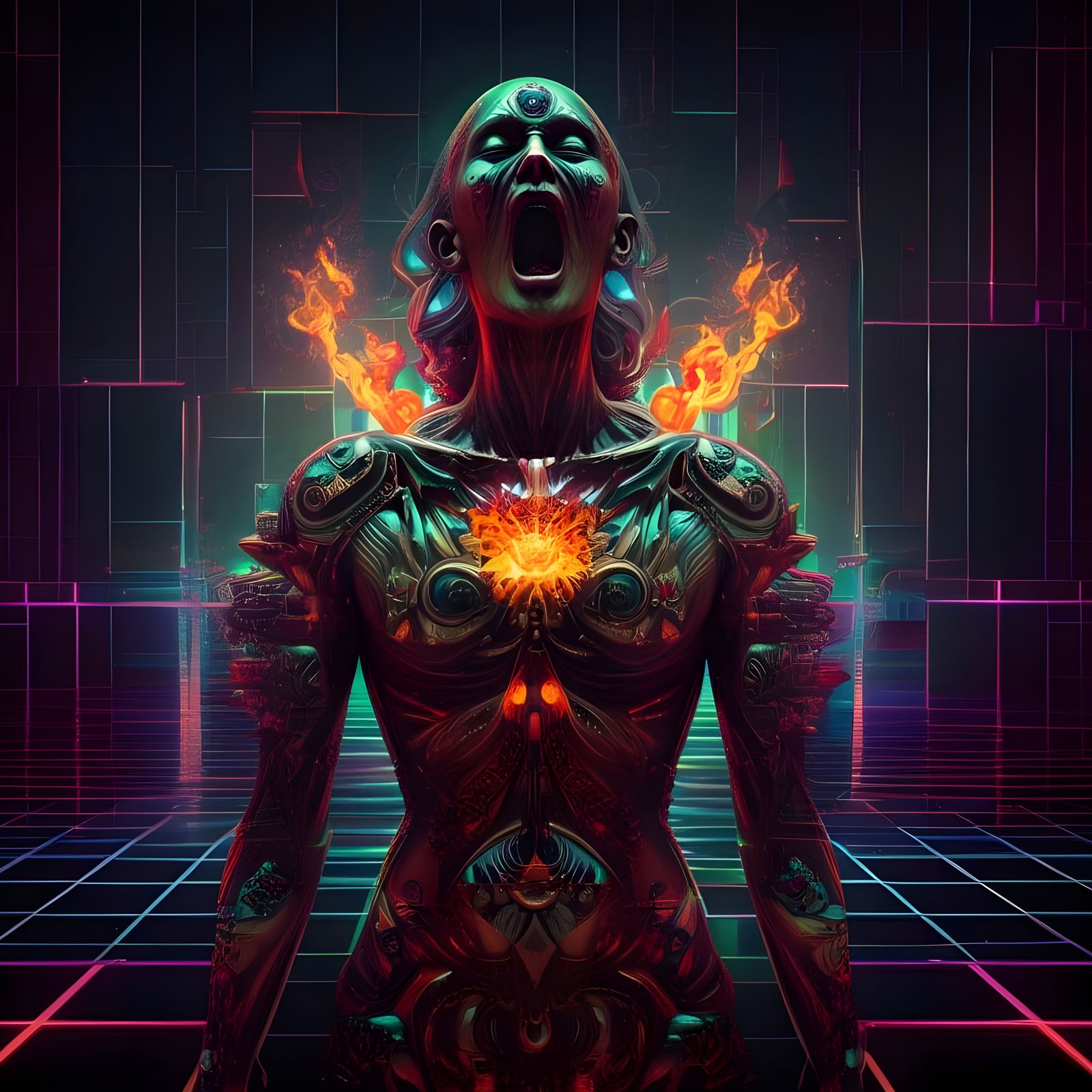 Neon Shaman in Psychedelic Cyberpunk Environment