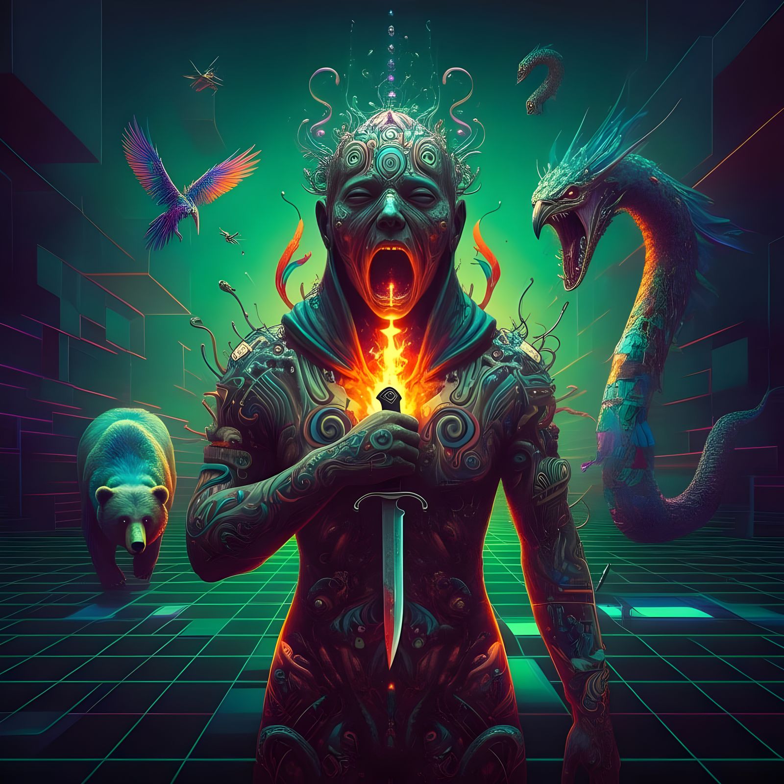 Neon Shaman in Psychedelic Futuristic Grid Environment