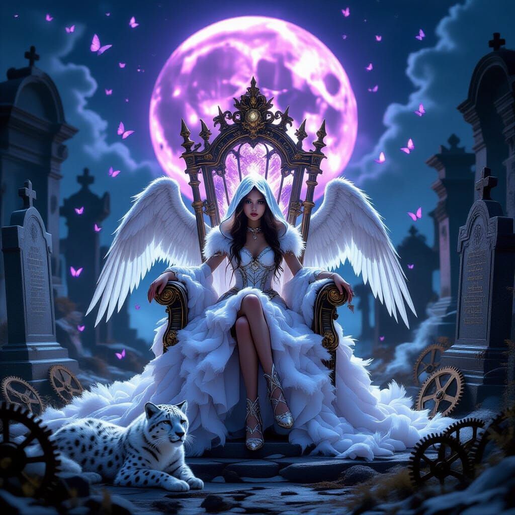 Mysterious Girl on Crystal Throne in Steampunk Graveyard