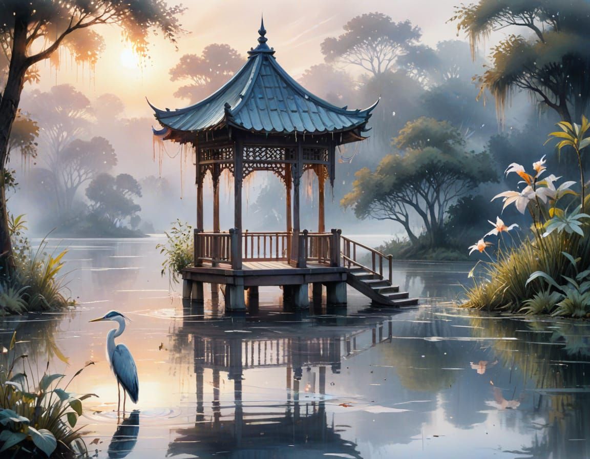 Heron at Misty Lakefront Pavilion in Watercolor Style
