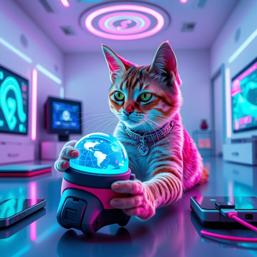 Cat with Holographic Toy in Futuristic Digital Art