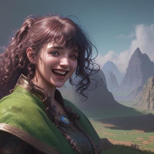Laughing Woman Portrait in Detailed Fantasy Landscape
