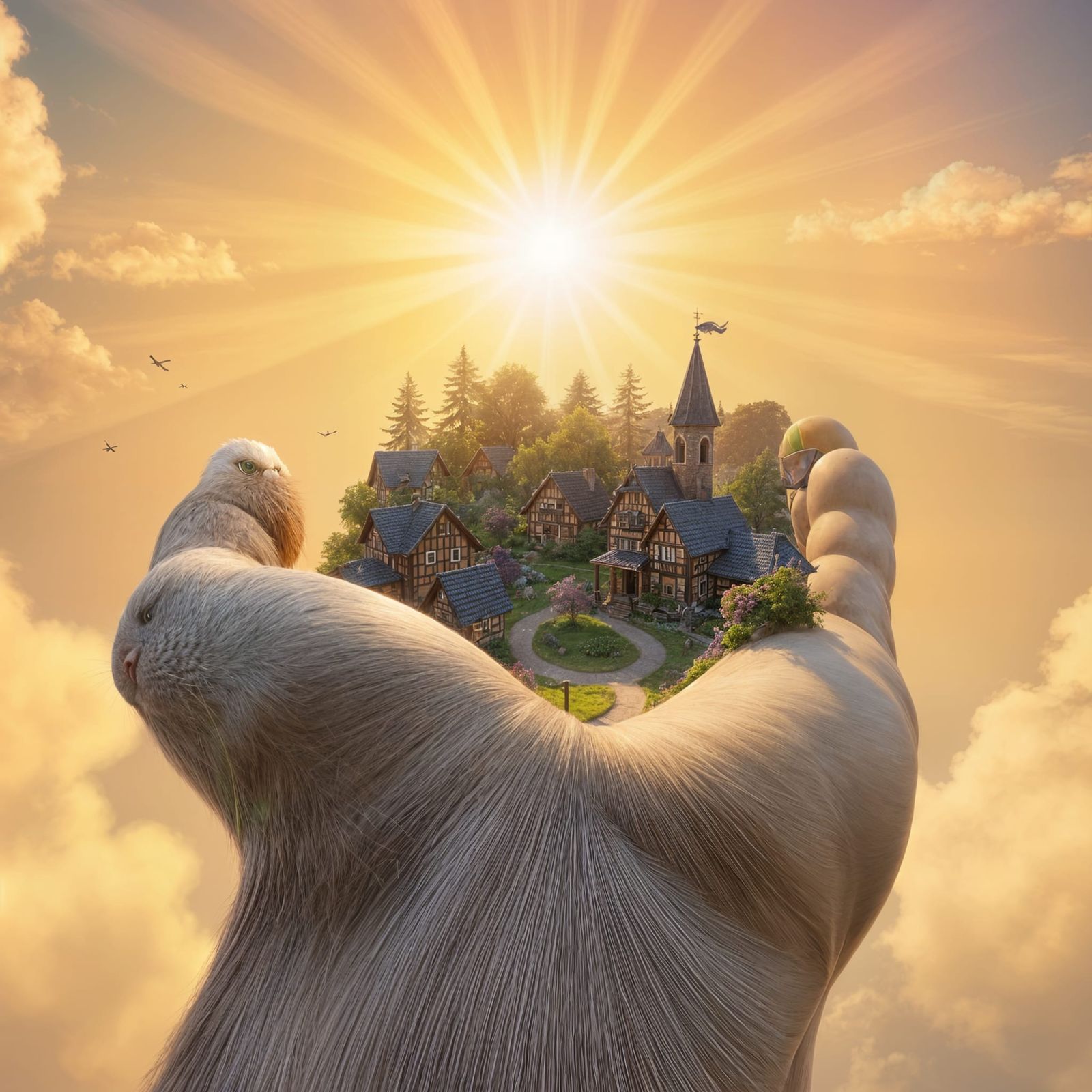 Miniature Smurf Village in Hand, 3D Digital Art