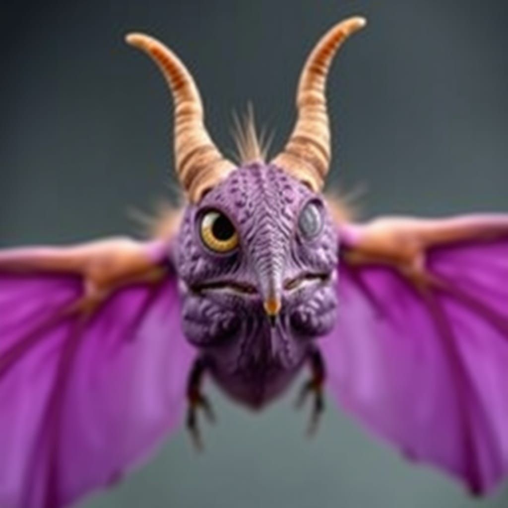 Flying Purple People Eater in a Surreal Landscape