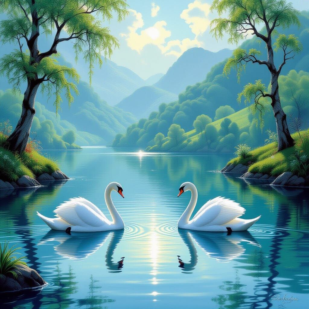 White Swans on Crystal Lake: Ethereal Romanticism