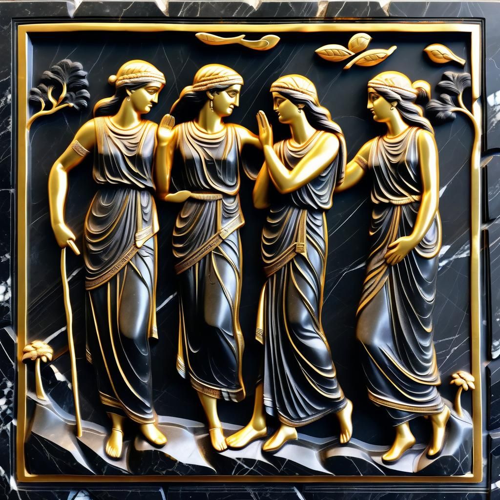 Black Marble Bas-Relief Sculpture of The Three Muses
