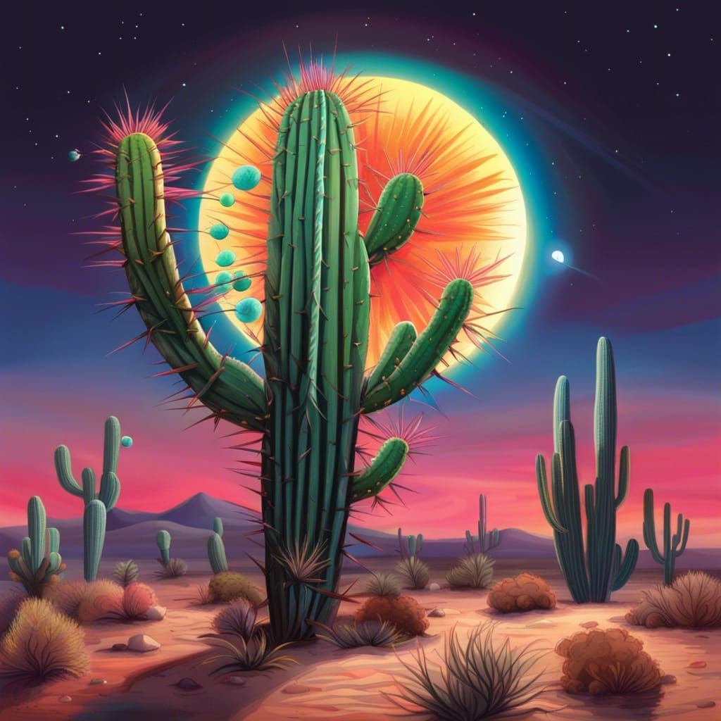Feathered Cactus in Desert Under Radiant Moon
