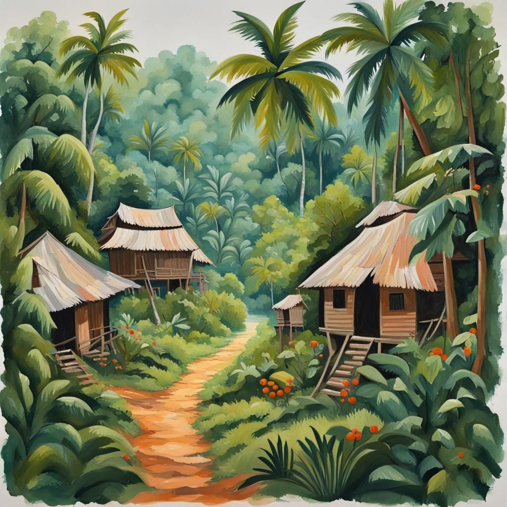 Jungle Village in Detailed Gouache Painting