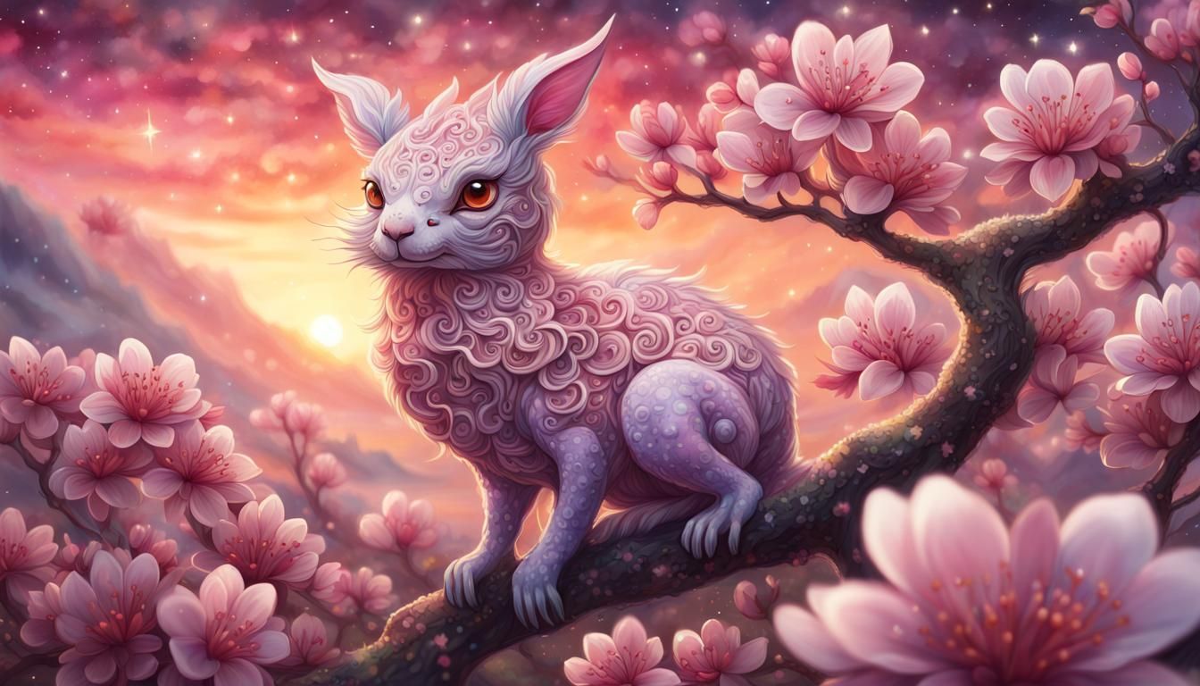 Ornate Cherry Blossom Creature in Sunset Field