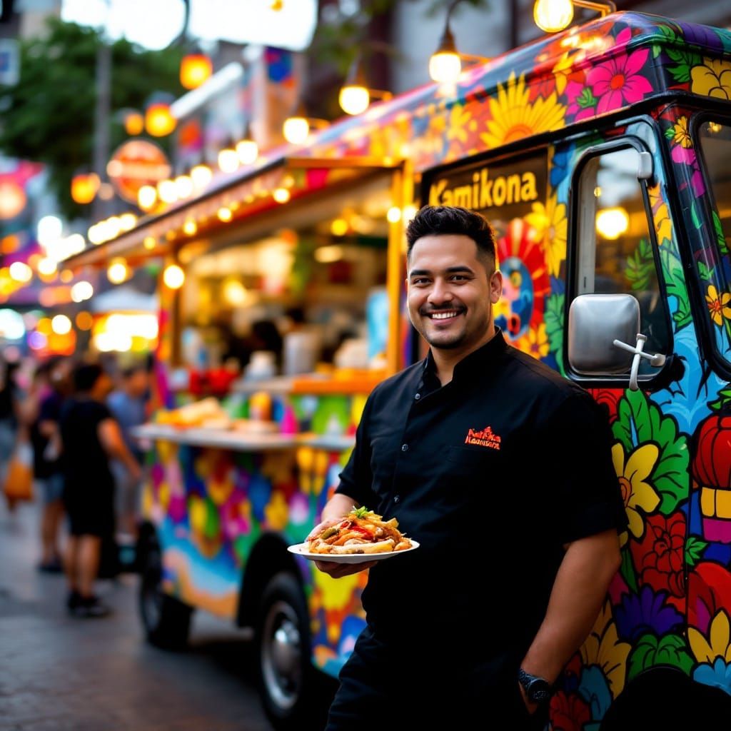 Kamikona standing proudly next to his vibrant food truck, wh...