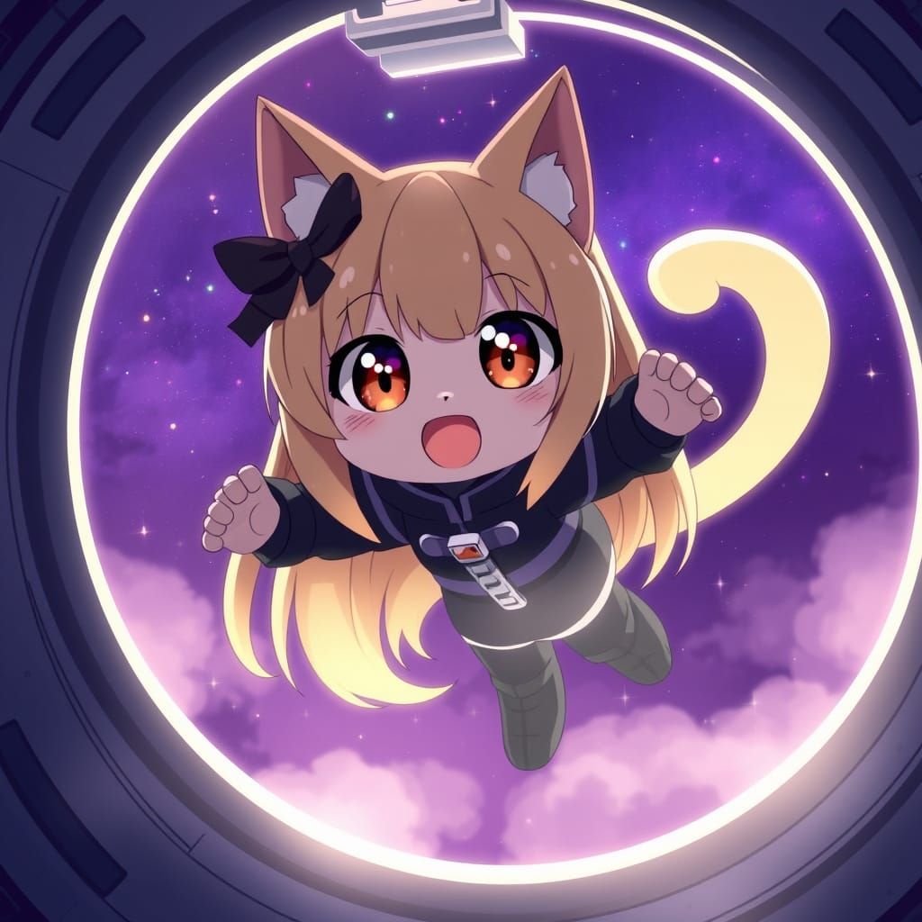 Anime Catgirl in Space Shuttle, Synthwave Style