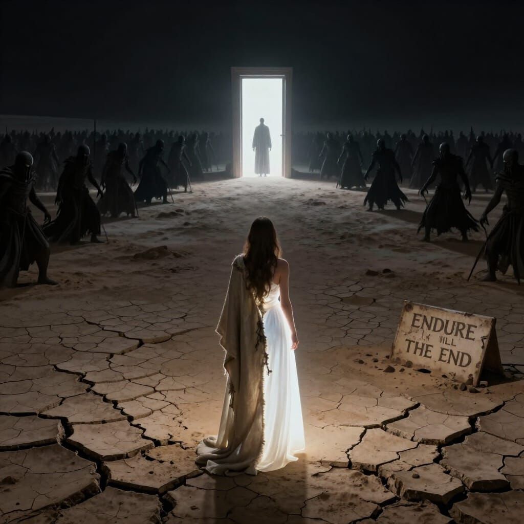 Woman in Gown and Sackcloth Faces Lighted Doorway