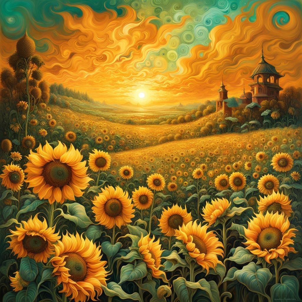 Golden Sunflowers Field at Sunset: Fantasy Illustration