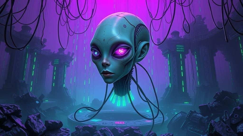 Humanoid Alien Amidst Cybernetic Ruins