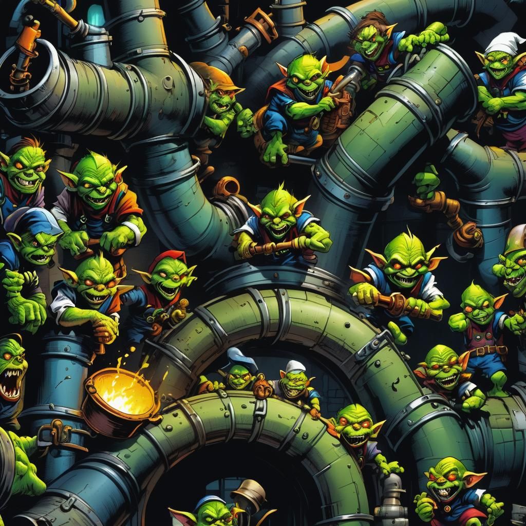 Goblin Plumbers Fix a Pipe: Comic Book Illustration