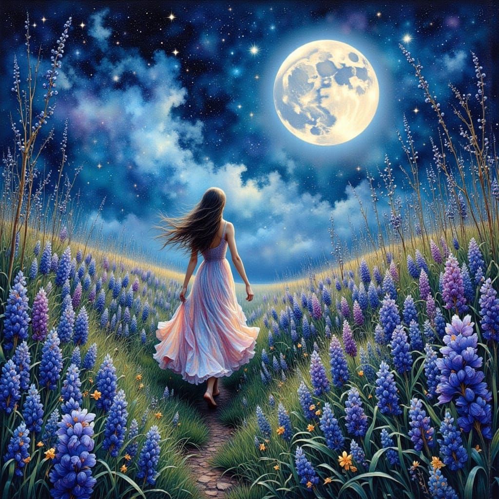 Woman in Field of Flowers under Cosmic Sky