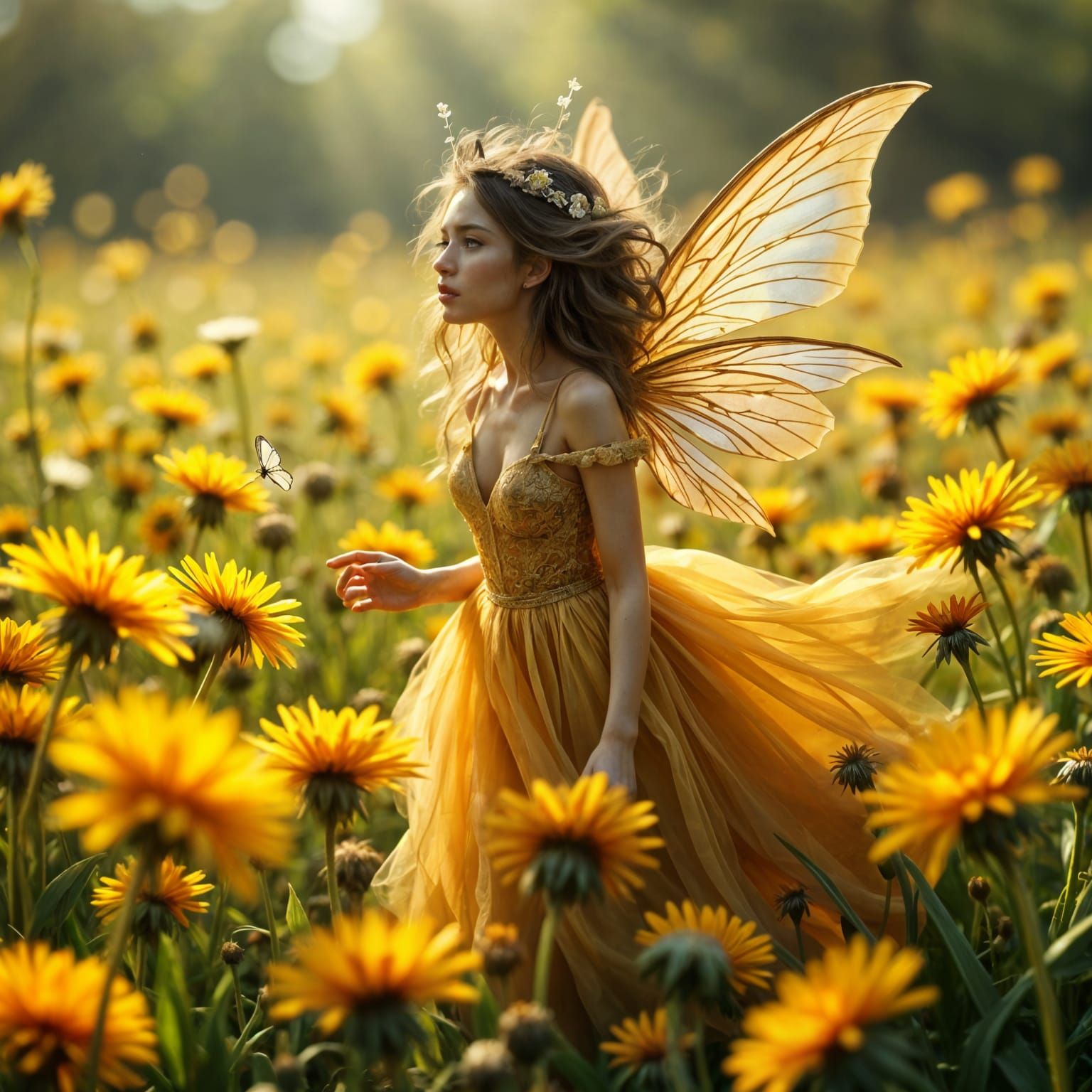 Vibrant Fairy Amidst Dazzling Blooms in Hyper Realism