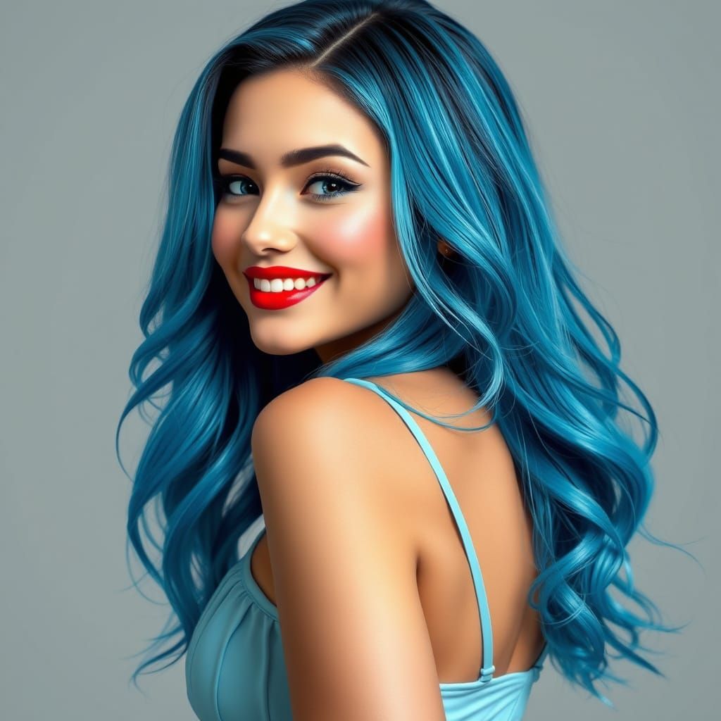 Glamorous Woman in Crystal Blue Hair and Dress, Romantic Dig...