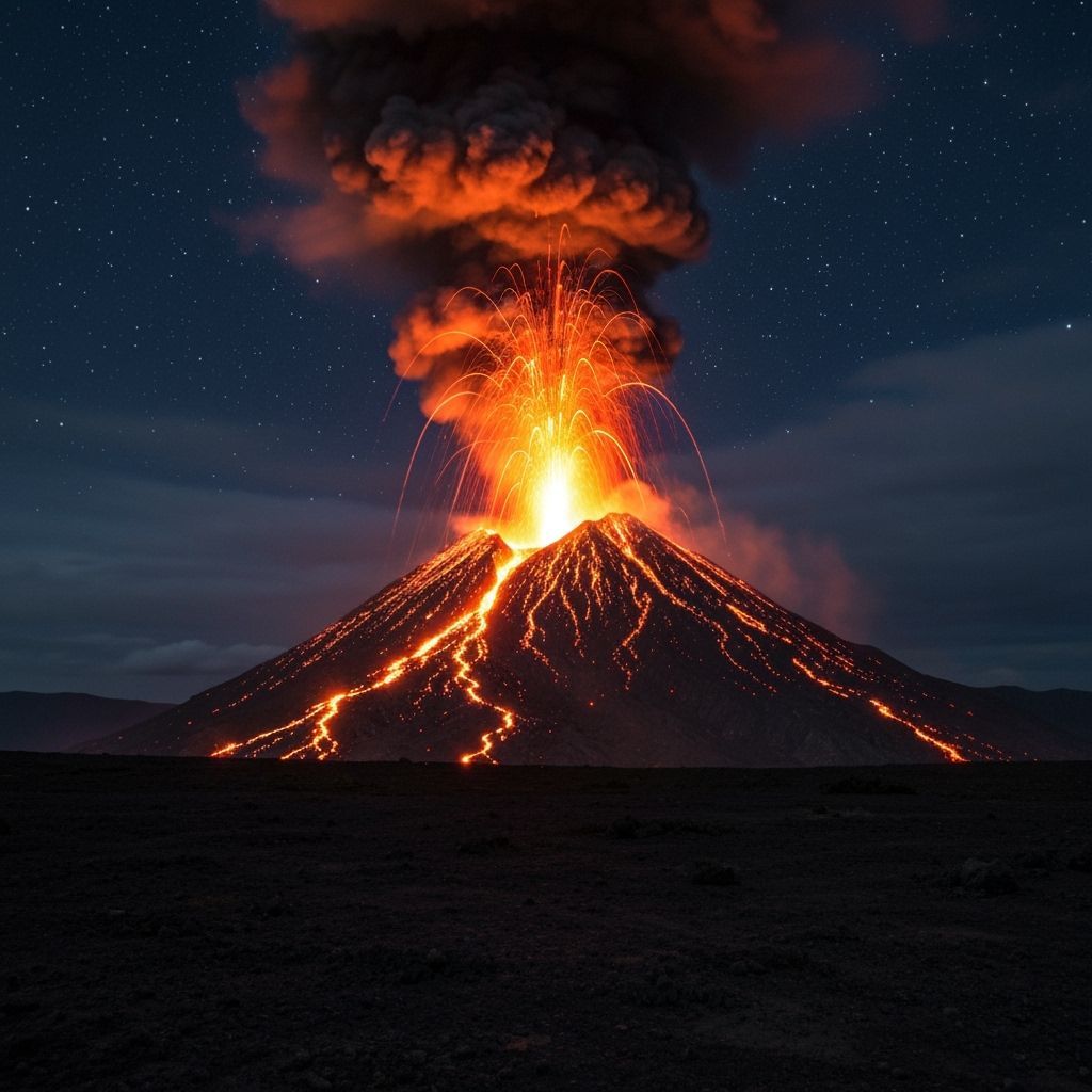 Erupting Volcano with Glowing Neon Aura