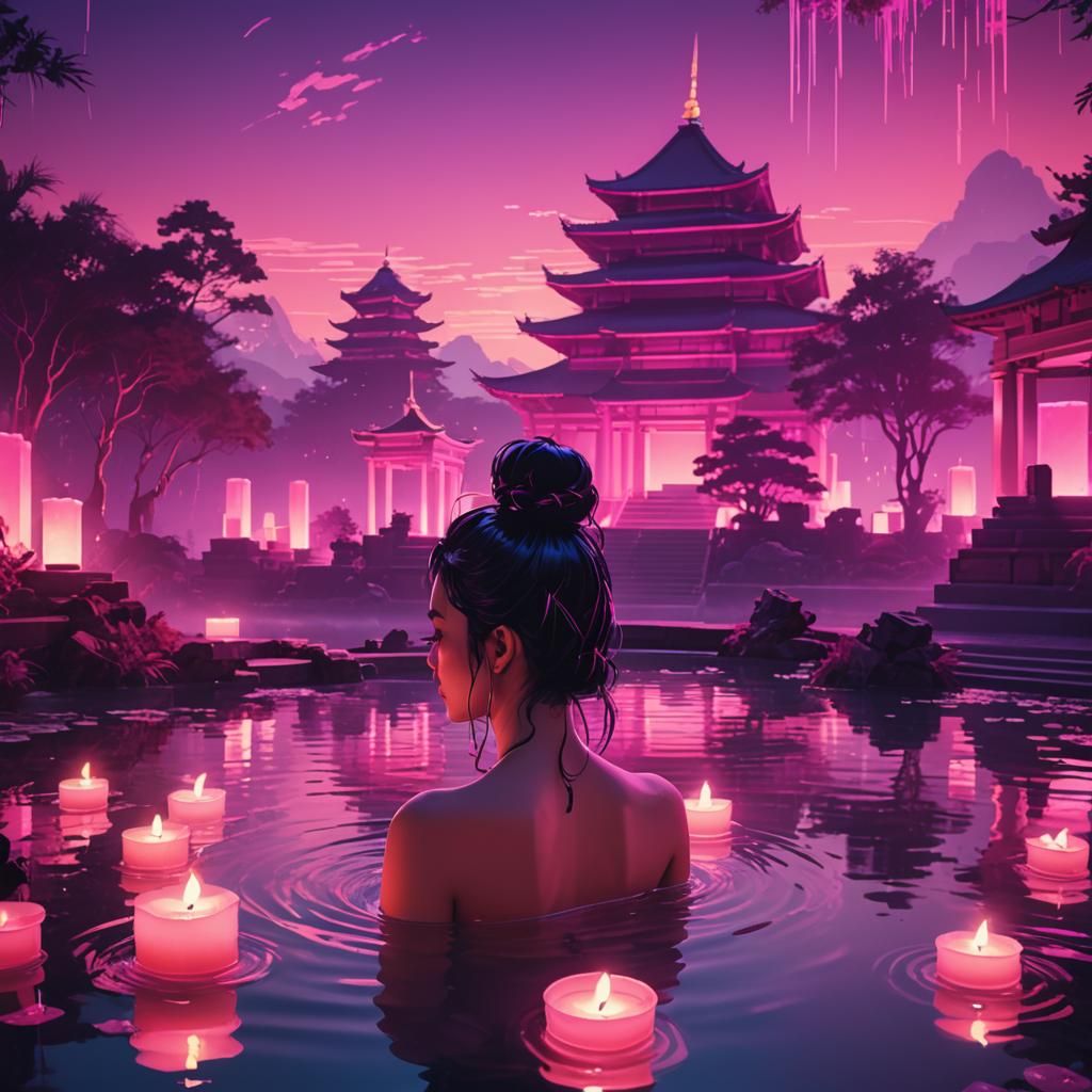 Girl Bathing in Pond in Synthwave Neon Style