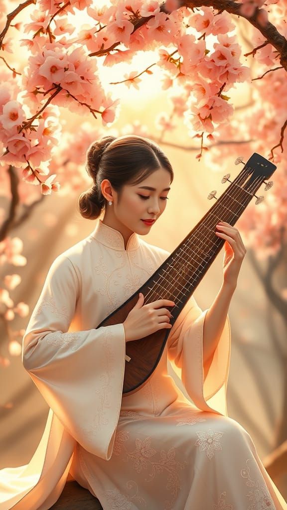 Ethereal Vietnamese Woman Plays Traditional Instrument Under...