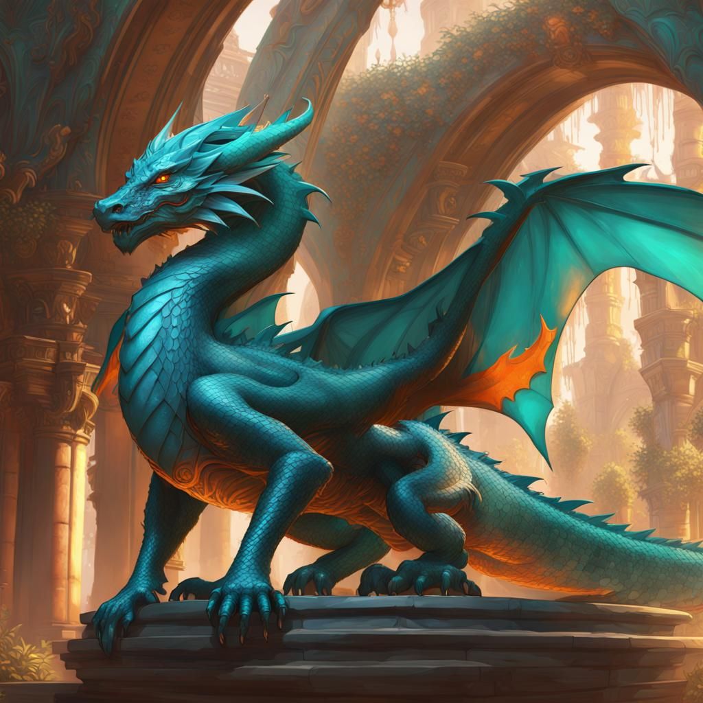 Emerald Dragon Concept Art in Orange and Teal