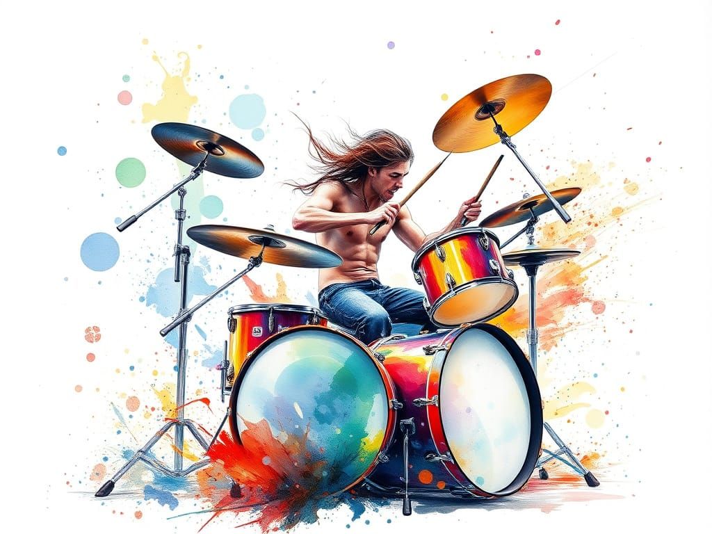 Vibrant Watercolour Rock Drummer on White Background