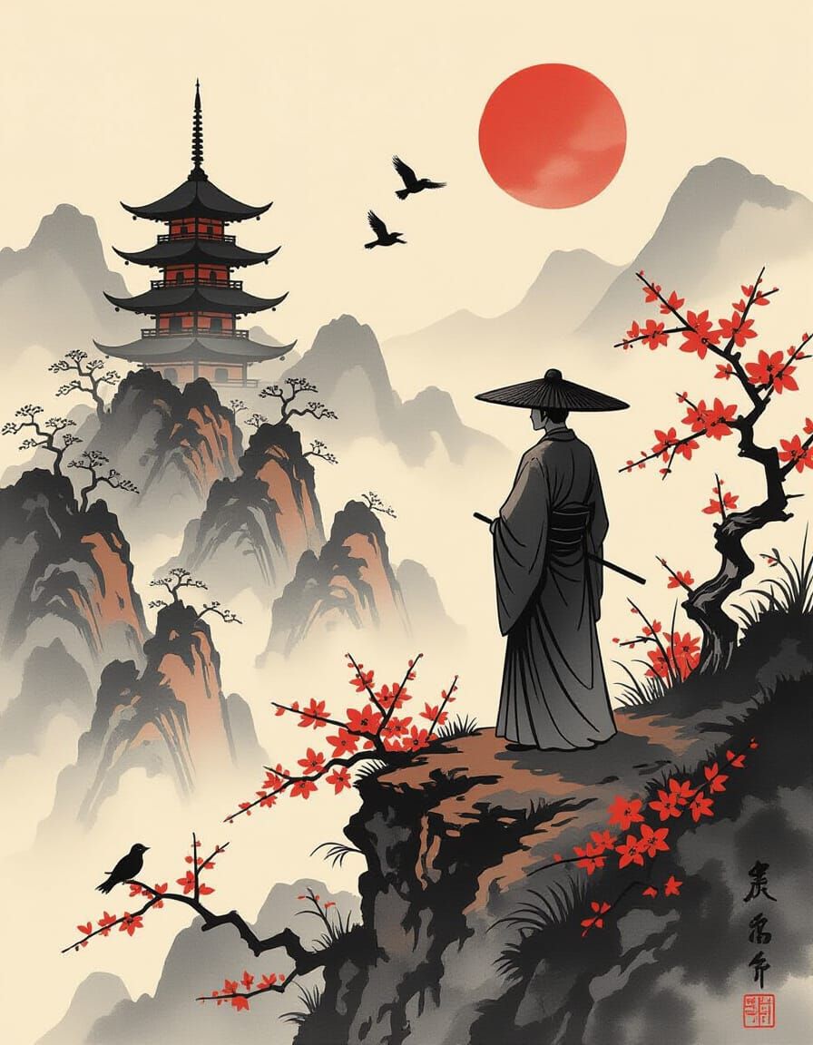Sumi-e Landscape with Figure and Red Sun
