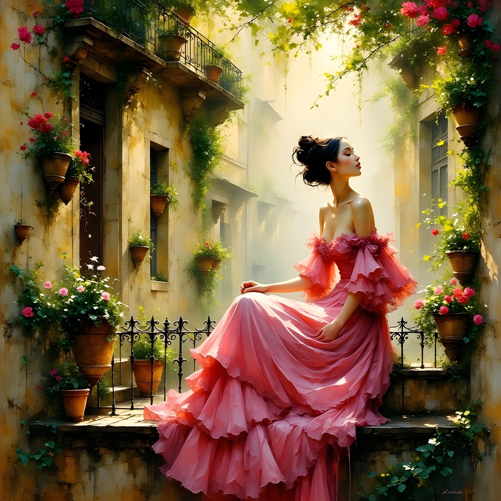 Woman in Pink Dress Finds Peace in Urban Jungle Balcony