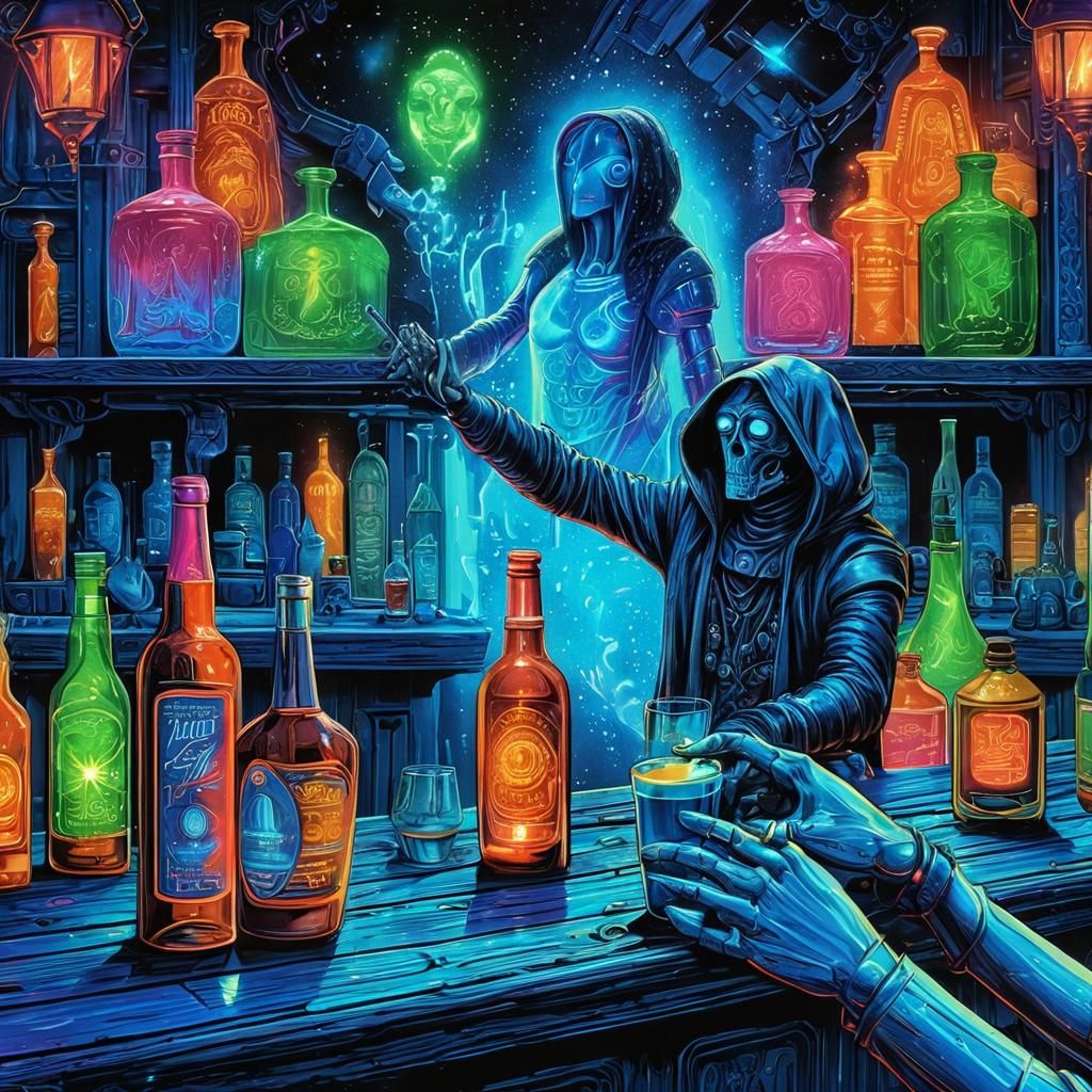Robotic Monk Drinks Glowing Shot: Surreal Digital Art