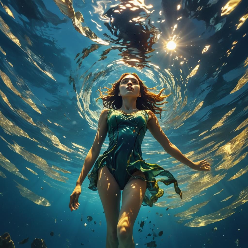 Underwater Woman Gazing at Fractured Moonlight