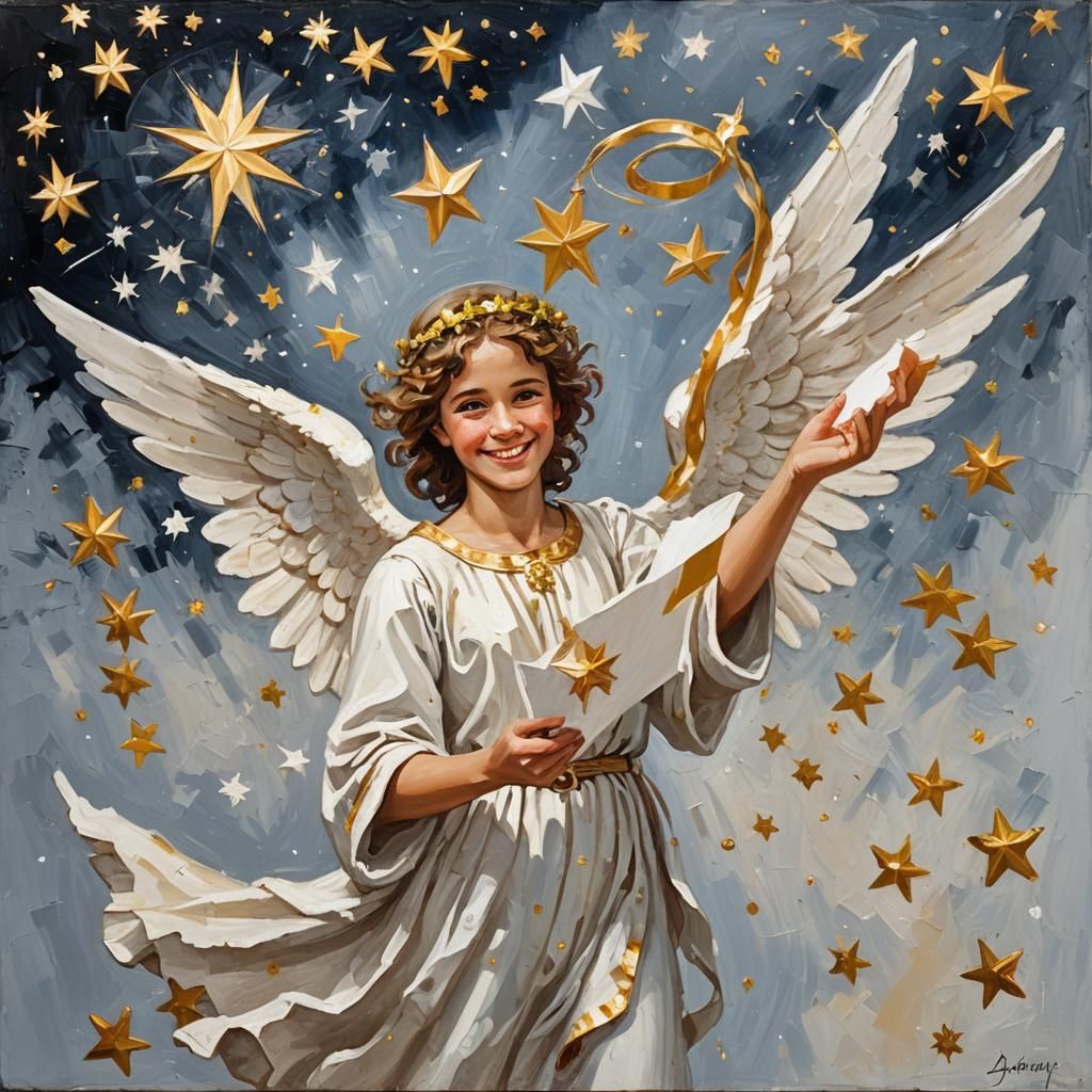 Smiling Angel Holding Sign: Impasto Oil Painting