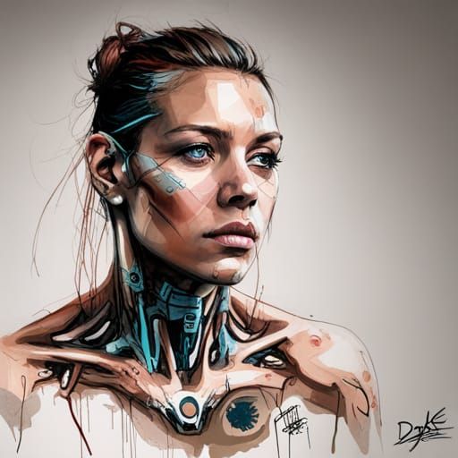 Cyborg Resting on Spaceship Bridge in Graffiti Style