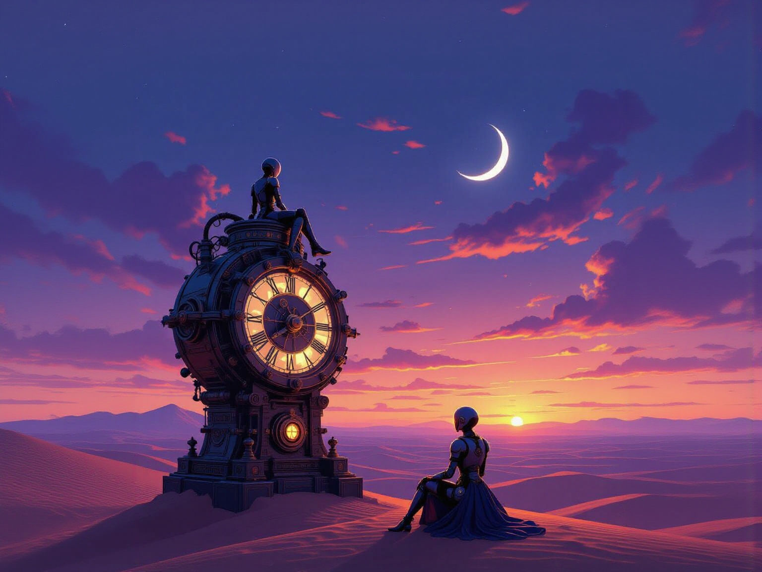 Robot on Ancient Clockwork Automaton Overlooking Desert Twil...