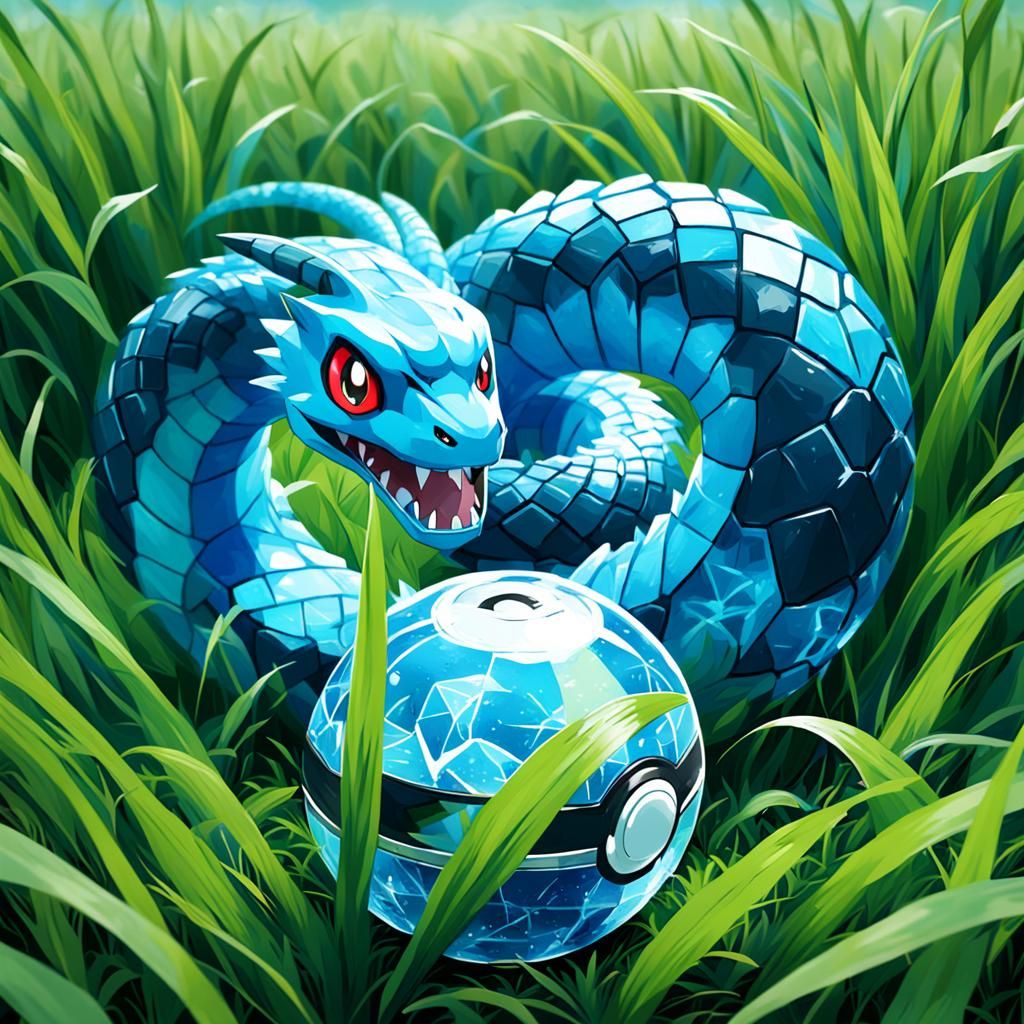 Blue Ice Serpent Pokemon in Tall Grass