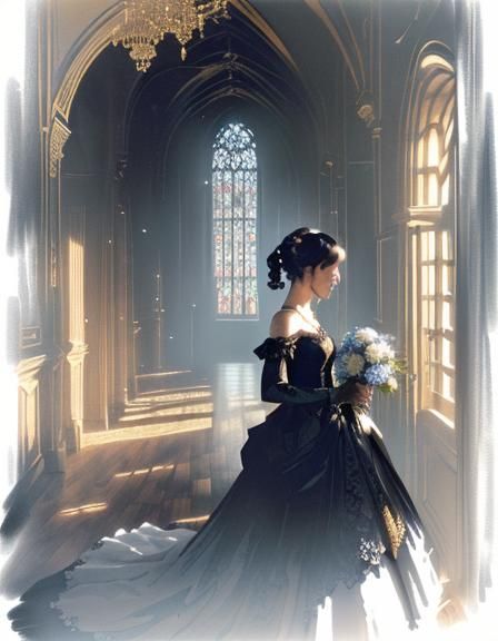 Anime Lady Portrait with Auroric Castle