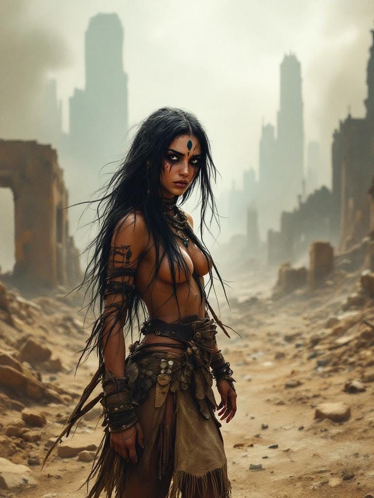Comanche Huntress in Post-Apocalyptic Landscape