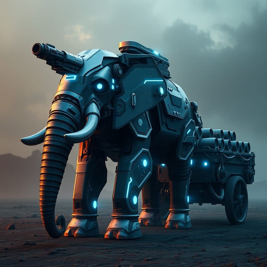 Sci-Fi Elephant in Armor Pulls Barrel Chariot