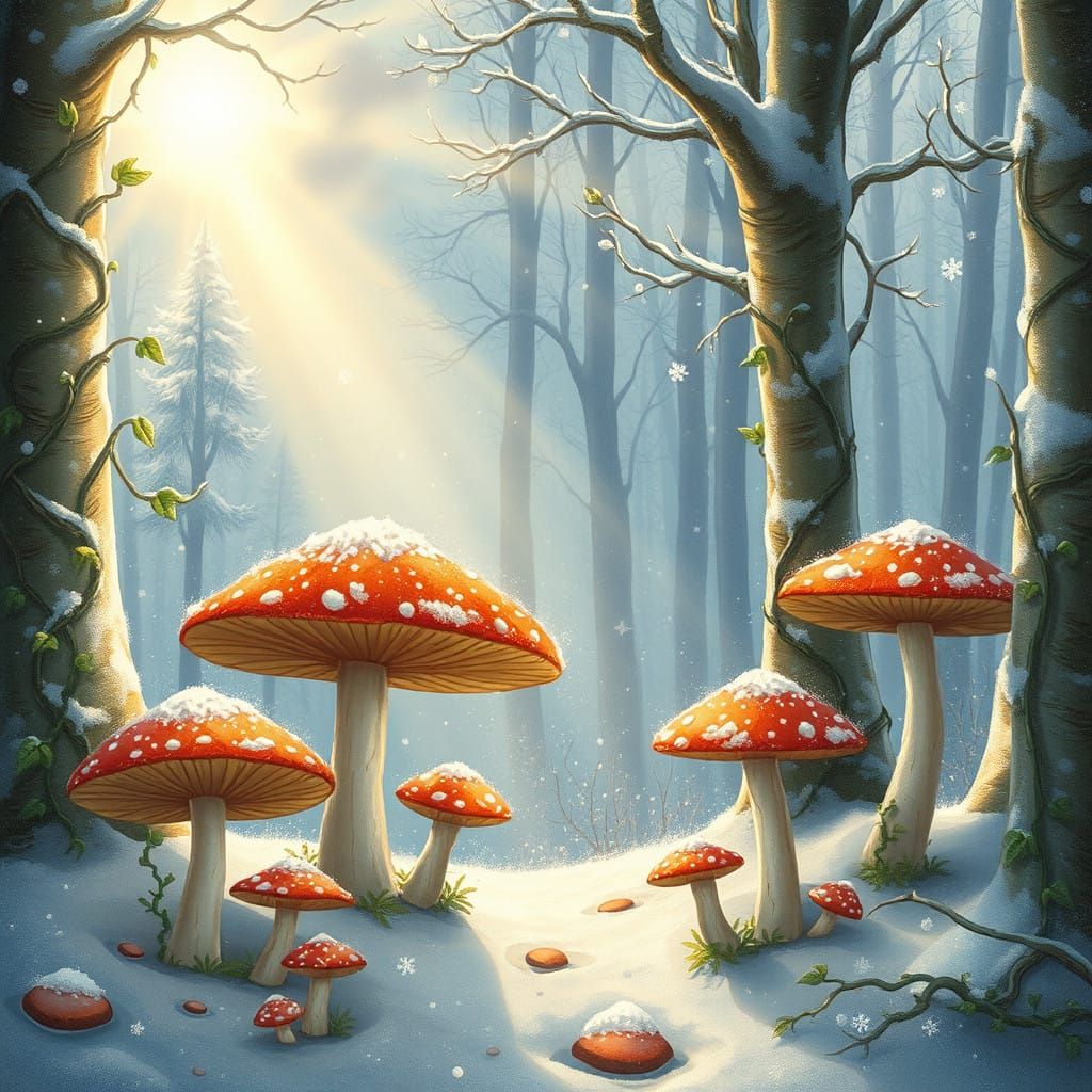 Whimsical Winter Forest with Fantastical Mushrooms