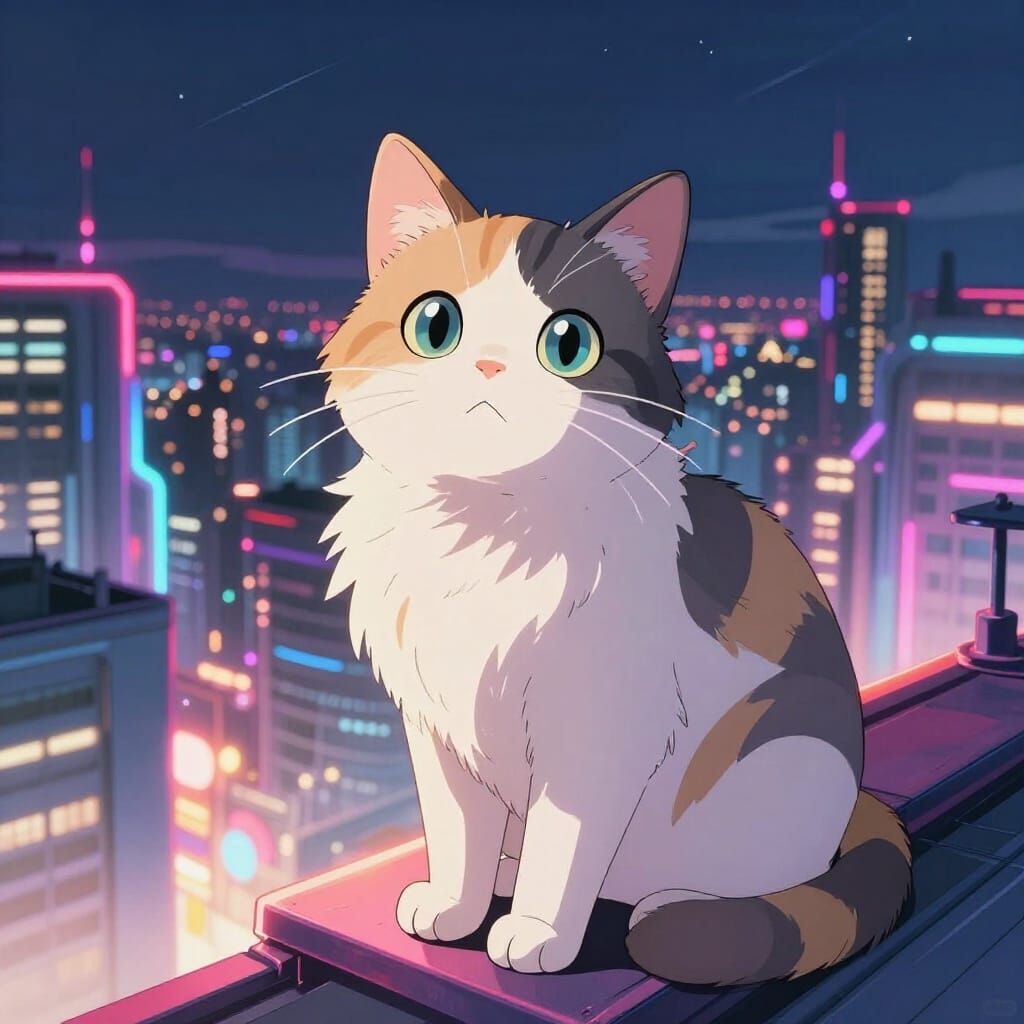 Fluffy Cat on Glowing Rooftop in Anime Style