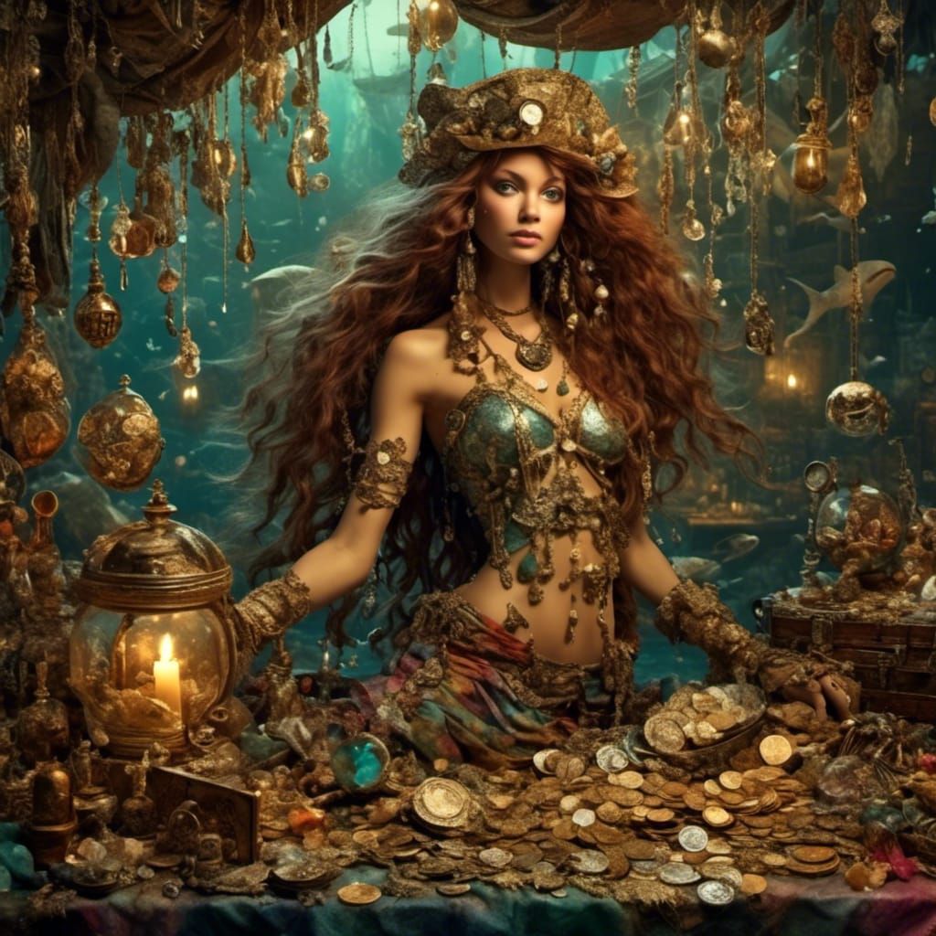 Hyperrealistic Mermaid with Pirate Gold and Jewels