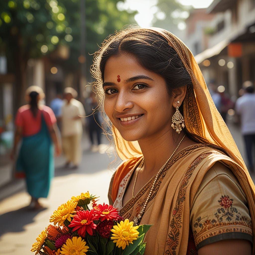 Confident Malayali Woman Selling Flowers on Street
