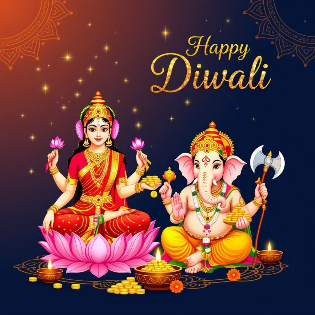 Diwali Greeting Card with Goddess Lakshmi and Lord Ganesha