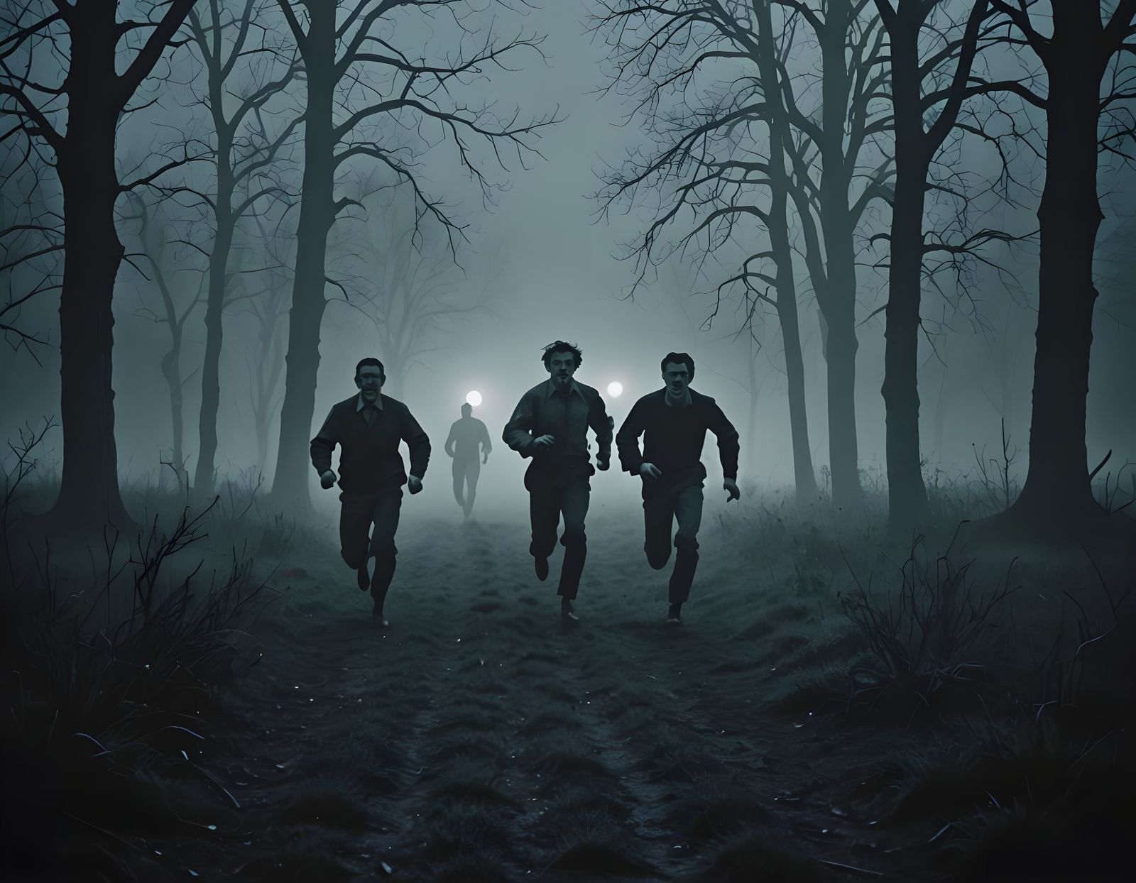 Men Flee a Lycanthropic Terror in a Dark and Foggy Meadow